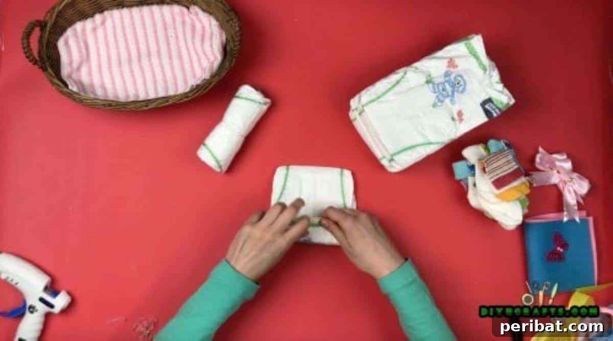 Craft a Diaper Baby Basket for a Perfect Baby Shower Gift 5 Roll up each diaper three times and use a pin or rubber bands to secure each one.