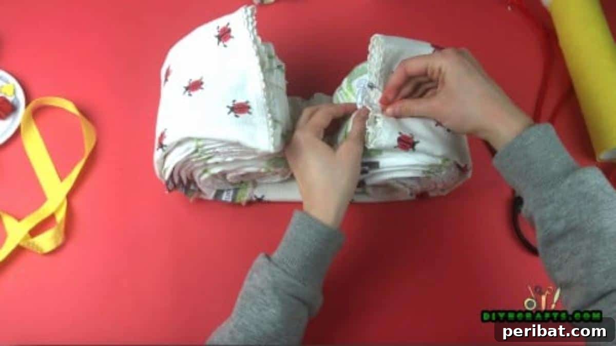 DIY Diaper Butterfly Baby Shower Gift 7 Fold blankets around the outside of each set of diapers (the top two batches together, and the bottom two batches together). Secure them.