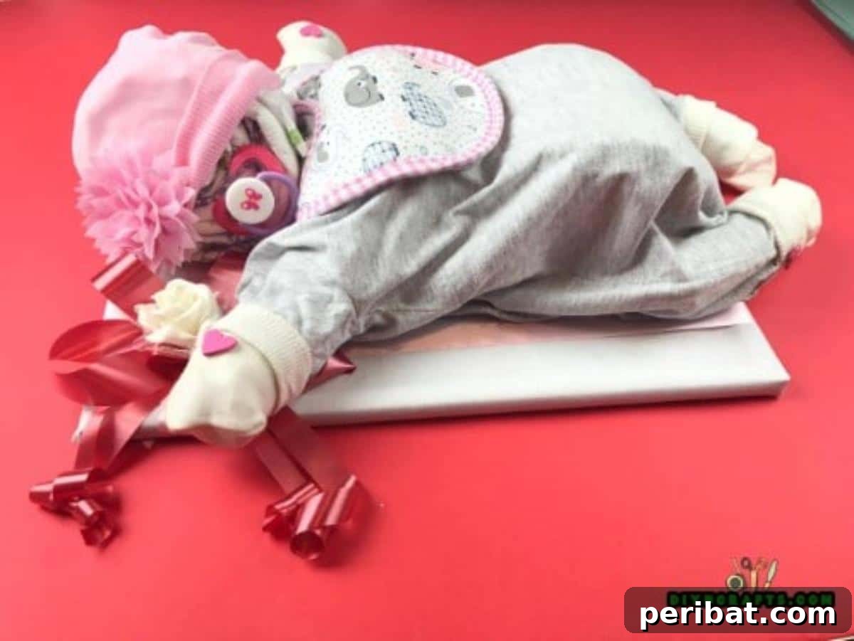 Crafting an Adorable Diaper Baby Gift 9 The fully assembled and decorated 'Sleeping Baby' diaper gift, complete with a bib, hat, and pacifier, wrapped cozily in a baby blanket, ready for presentation at a baby shower.