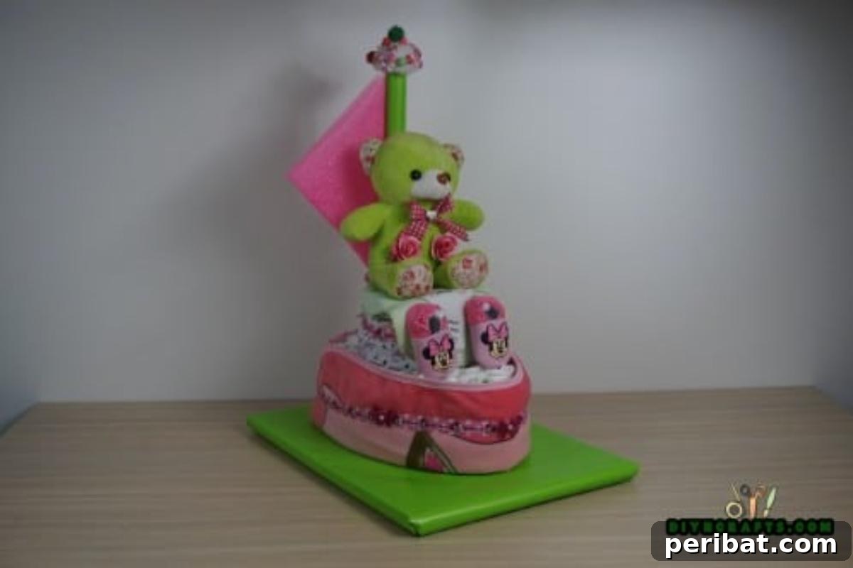 The completed adorable diaper cake boat, ready to be presented as a charming and practical baby shower gift.