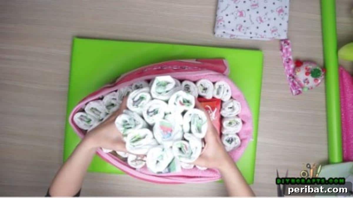 Place the smaller, blanket-wrapped diaper circle (upper deck) securely on top of the main boat structure.