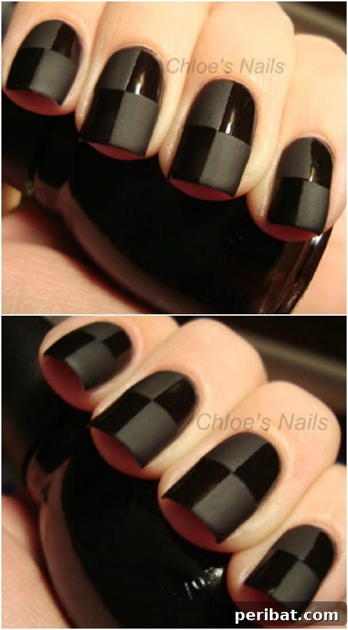 Elegant Black On Black Checkered Nails