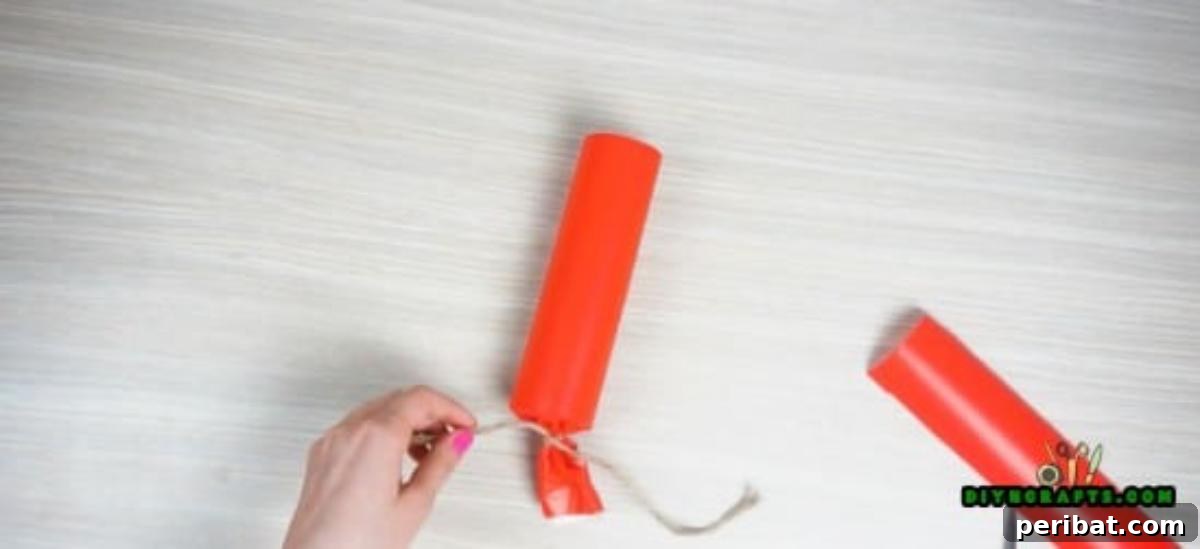 Close-up of twine being tied around the scrunched end of a DIY paper roll candy wrapper.