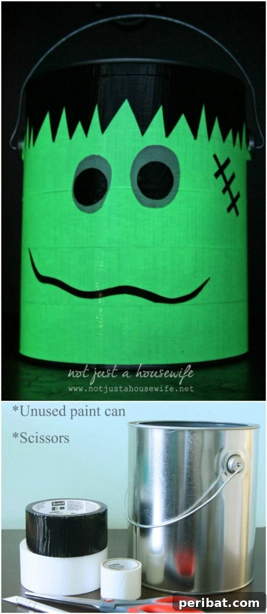 30 Easy & Budget-Friendly DIY Halloween Treat Bag Ideas 11 Frankenstein Glow In The Dark Bucket - Spooky DIY Halloween Candy Holder