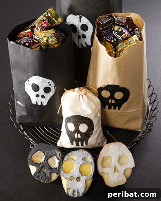 30 Easy & Budget-Friendly DIY Halloween Treat Bag Ideas 25 Skull Themed DIY Potato Stamped Trick-Or-Treat Bags - Fun Kids Craft