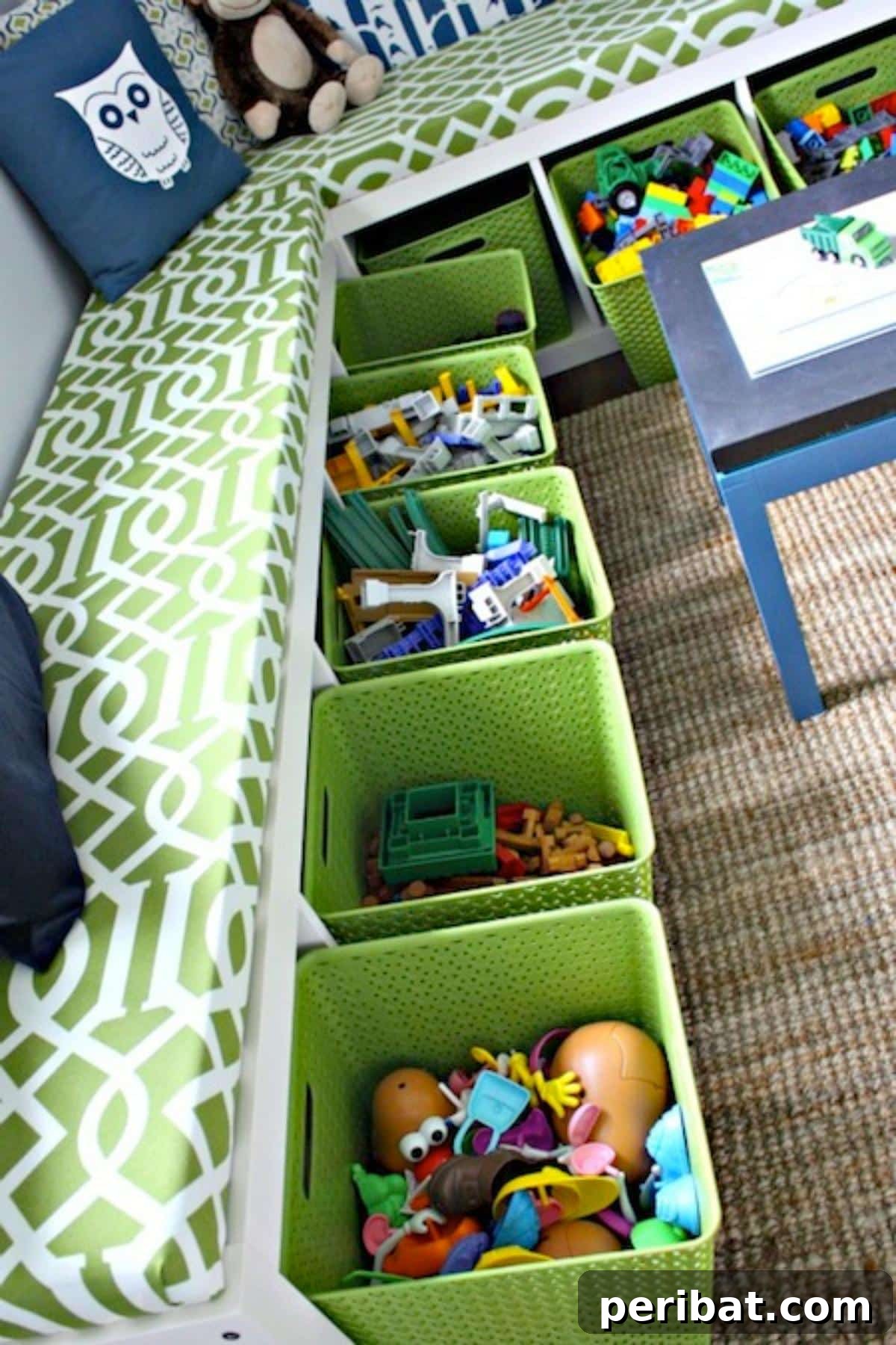 Bench seating storage for kids playroom.