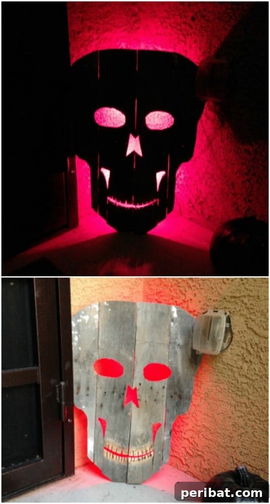 Eco-Chic Spooks: Upcycled Wood Halloween Decorating for Home & Yard 26 Spooky Glowing Skull - 25 Fantastic Reclaimed Wood Halloween Decorations For Your Home And Garden