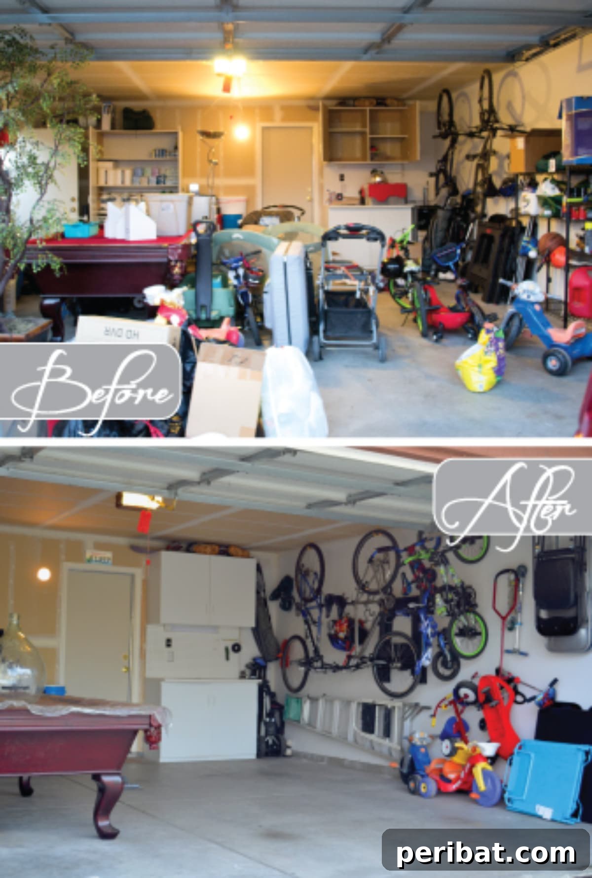 49 Creative Garage Organization Solutions 30 DIY hanging bike organization before and after.
