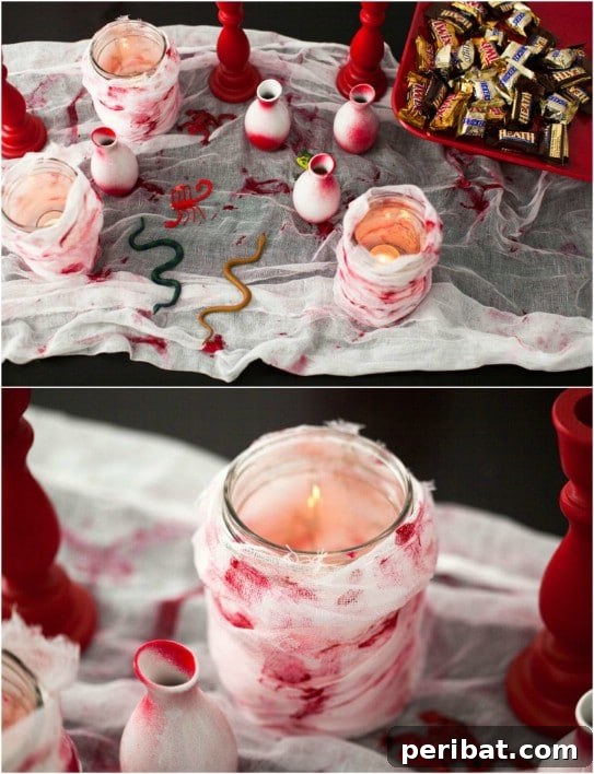 25 Spine-Chilling DIY Creations for Your Most Frightening Halloween 5 Bloody Votive Jars