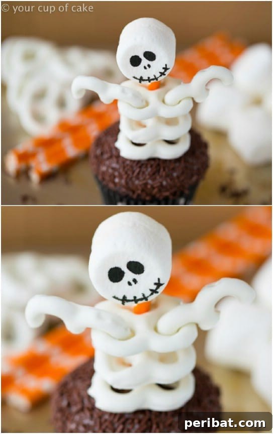 Frightfully Delicious: 30 Halloween Cupcakes for Your Ultimate Spooky Bash 27 Pretzel And Marshmallow Skeleton Cupcakes