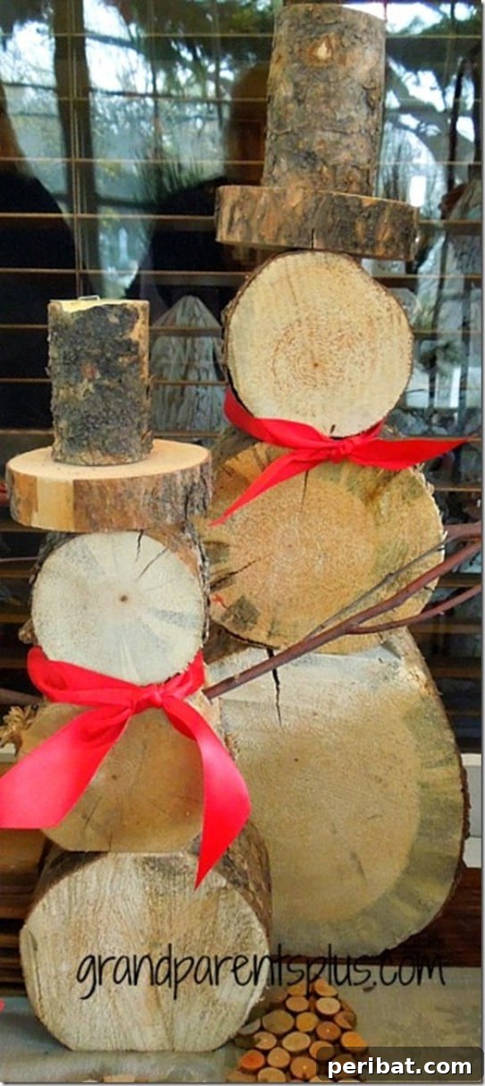 Primitive Upcycled Wooden Log Snowmen