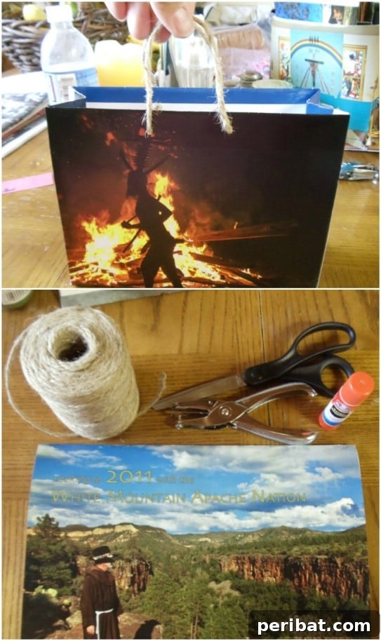 Custom gift bags crafted from upcycled calendar pages