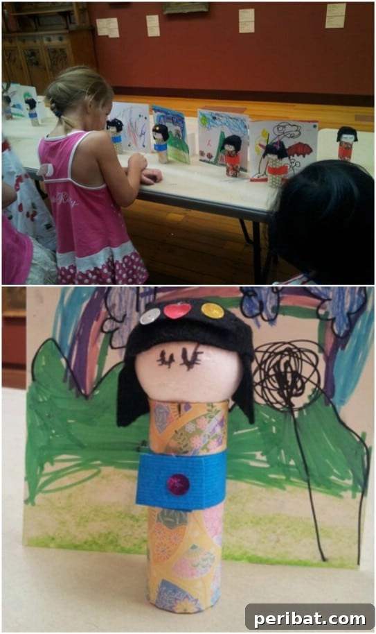 Handcrafted Japanese Kokeshi dolls using old calendar pages and toilet paper rolls