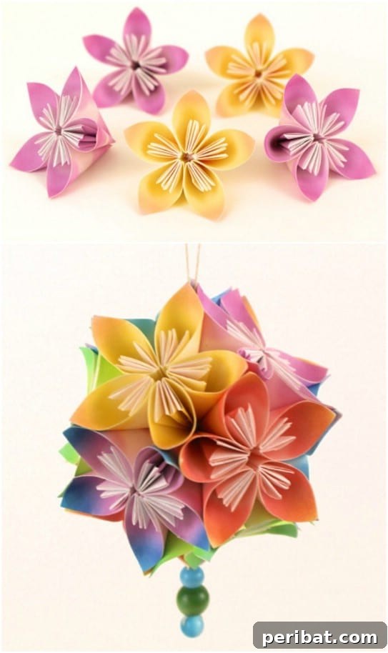 Origami-style Japanese Kusudama flowers made from colorful calendar pages
