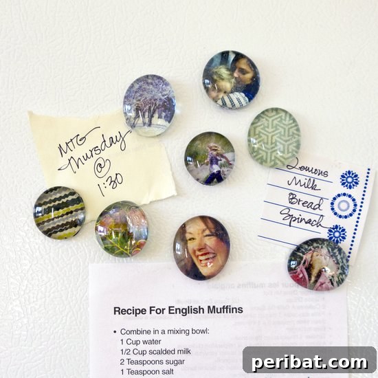 Refrigerator magnets crafted from old calendar images and clear gems