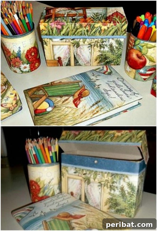 Office desk accessories made from upcycled cardboard and calendar pages