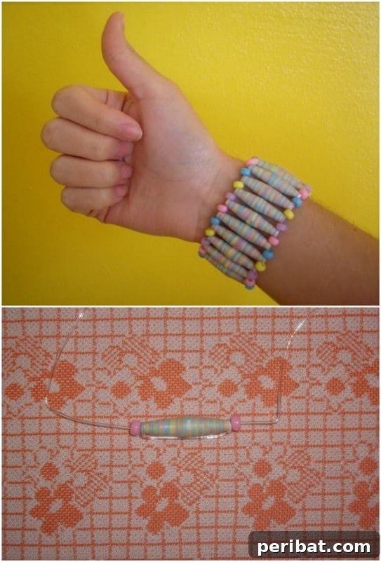 Handmade paper beads crafted from upcycled calendar pages