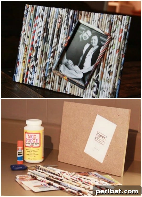 Picture frame decorated with rolled paper reeds made from old calendar pages