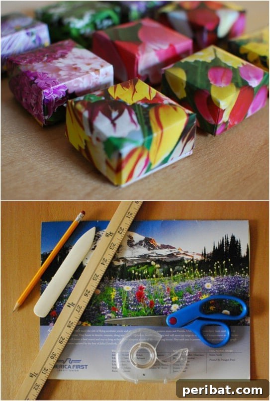 Decorative gift boxes crafted from recycled calendar pages