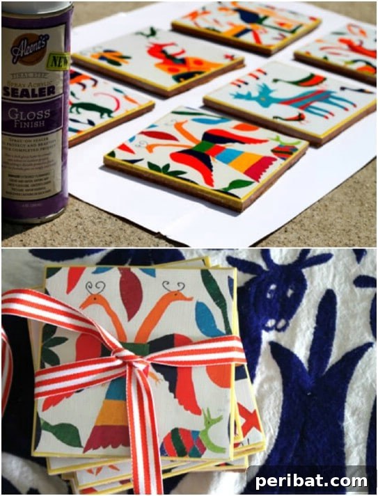 Upcycled coasters made with old calendar art and ceramic tiles