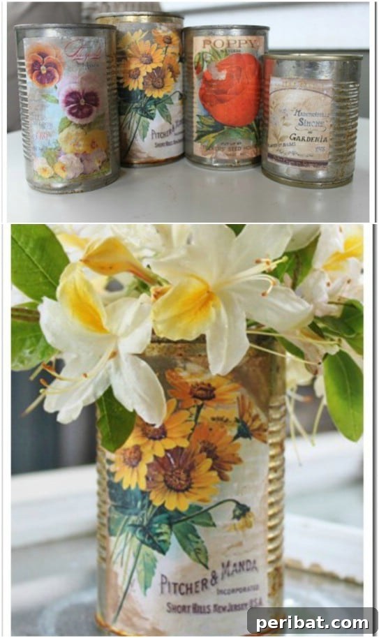 Decorative vases made from upcycled tin cans and calendar pages