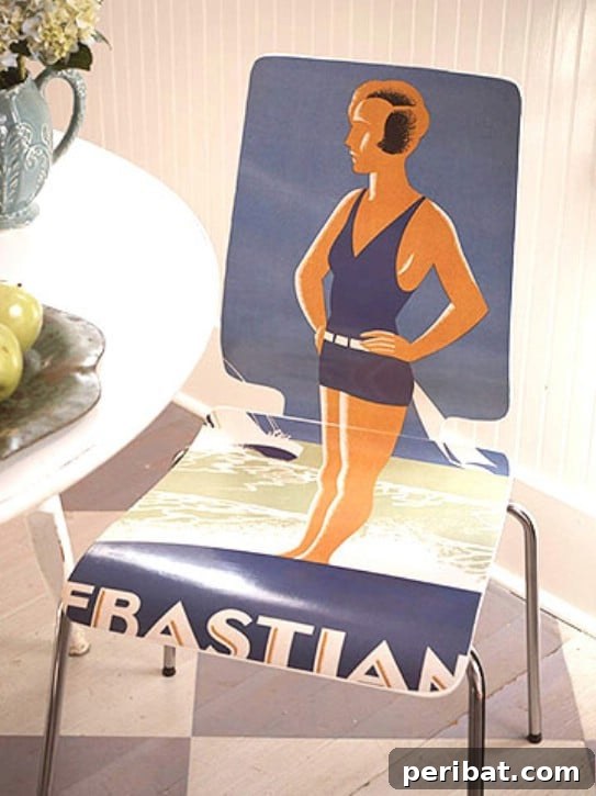 Old furniture decoupaged with colorful calendar pages for a new look
