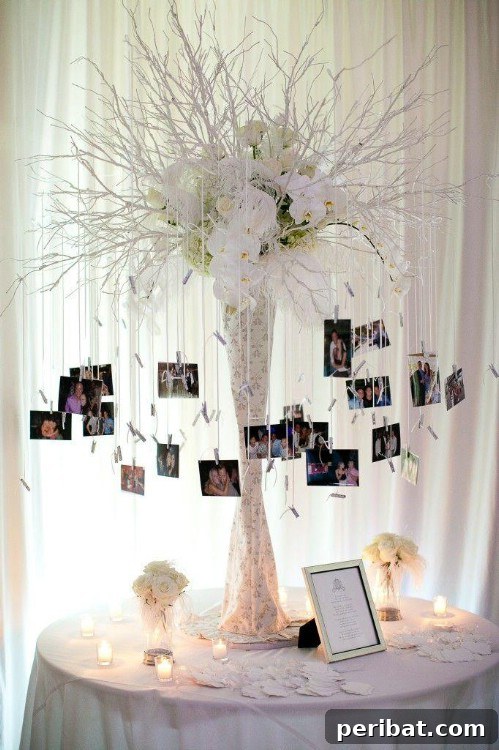 Creative Reception Table Centerpiece Photo Display Idea
