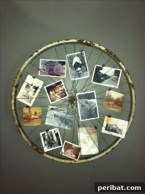 DIY Rustic Bicycle Tire Photo Display for Outdoor Weddings