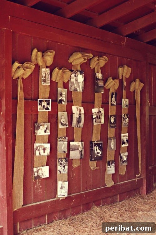Elegant Burlap and Lace Bow Photo Display for Rustic Wedding