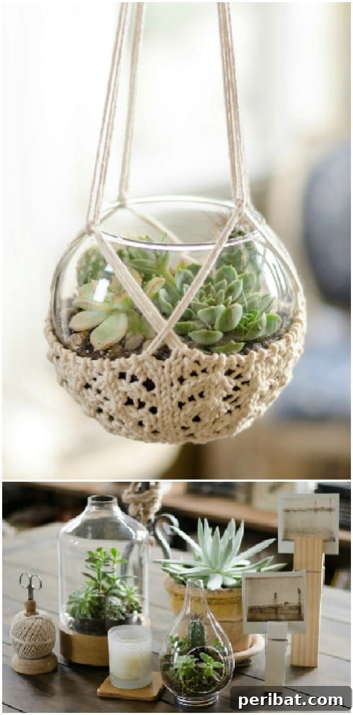 Speedy Knits: 25 Adorable Christmas Gift Ideas 21 Easy Hand Knitted Terrarium Hanger with vintage macramé look