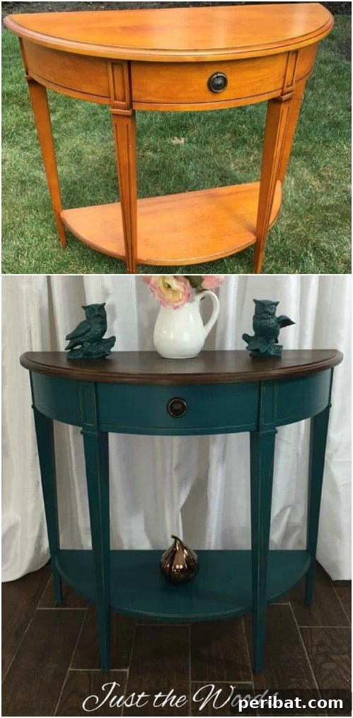 Dark teal console table with natural dark wood top, showcasing sophisticated teal furniture decor.