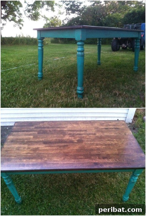 Dining table featuring teal painted legs and a contrasting brown wooden top, demonstrating chic teal table decor.
