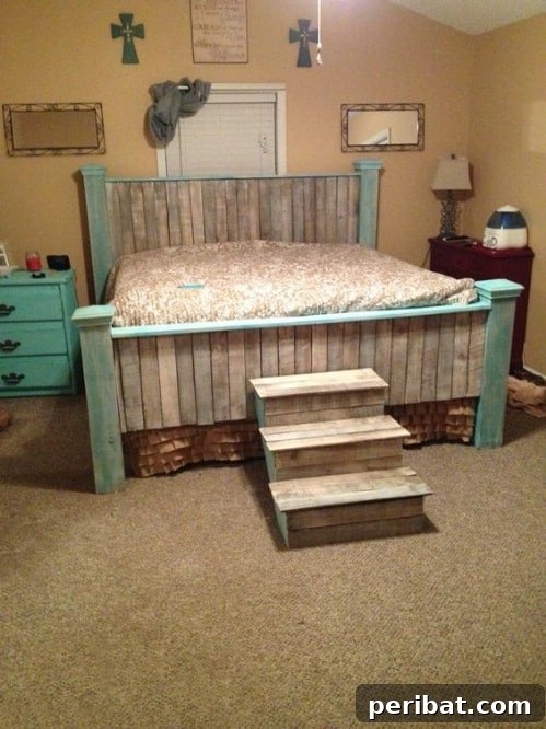 Rustic bed frame painted in pale teal, enhancing coziness and complementing a natural wood nightstand.
