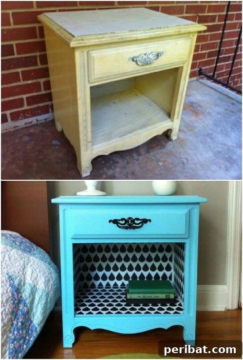 Bright aqua nightstand with black and white stick-and-peel wallpaper interior, creating a bold modern decor statement.
