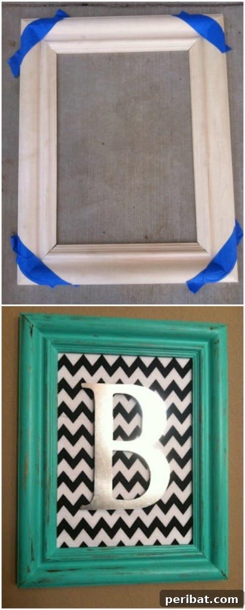 Rustic teal frame with a modern black and white zigzag monogram, showcasing contrasting design elements.