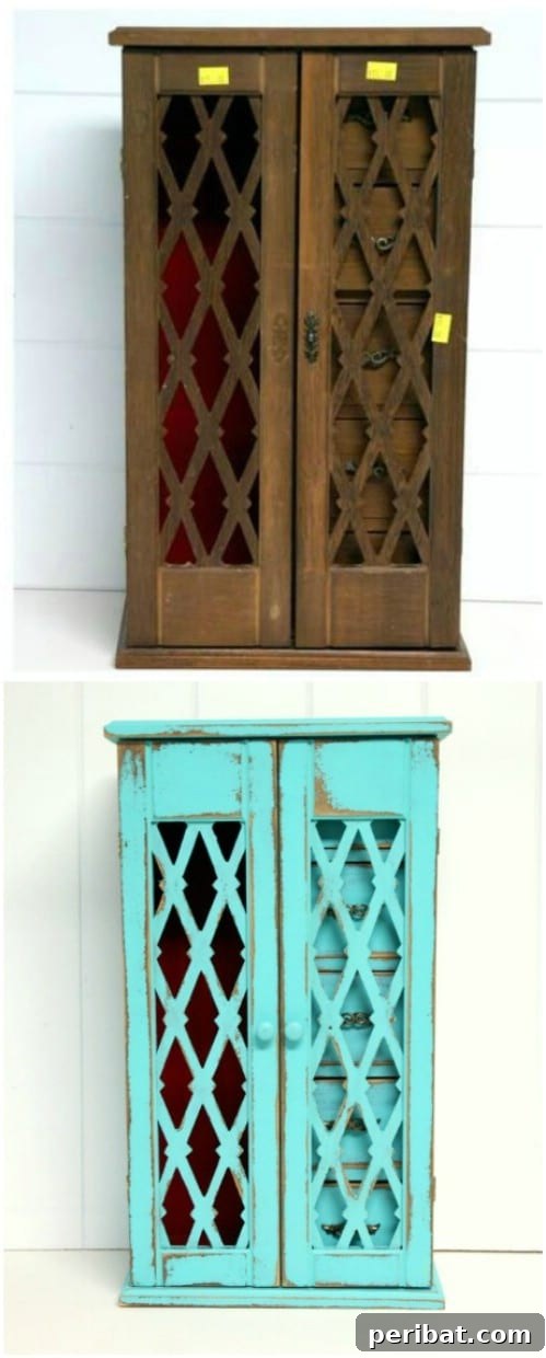 Transformed jewelry box in bold aqua, making a statement piece from a plain brown item.