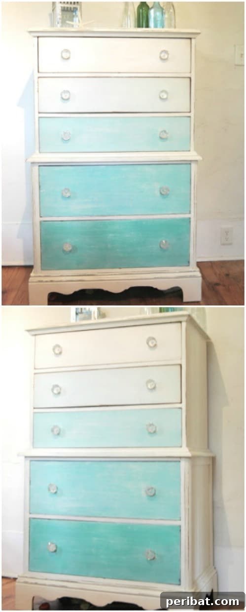 Ombre teal dresser with a gradient from light teal to white, evoking a serene seaside or beach house aesthetic.
