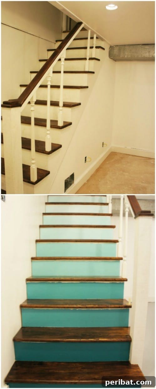 Ombre teal staircase painted with a gradient from dark to light, offering a dramatic and unique home entrance.