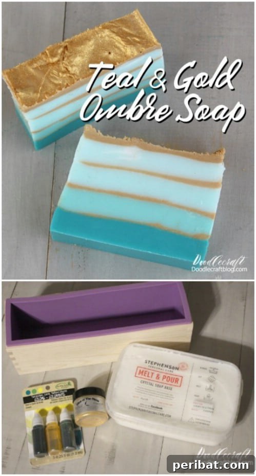 Handmade teal ombre soaps with golden frosting, perfect for luxurious bathroom decor or gifts.