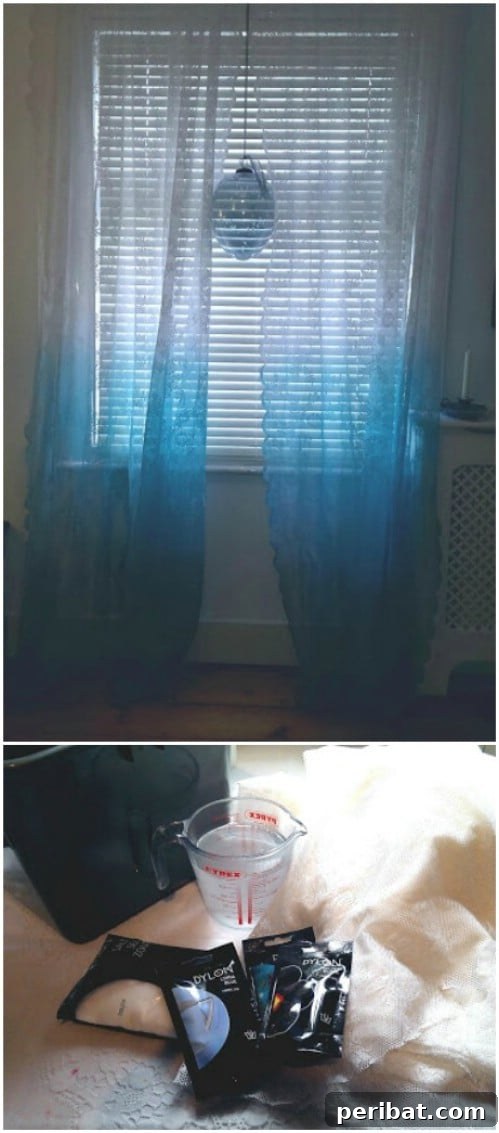 White curtains dip-dyed with teal, creating an ombre effect for chic and refreshing window treatments.