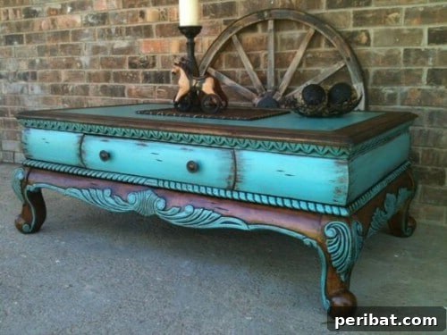 Turquoise painted furniture contrasting with dark walnut wood, highlighting decorative flourishes for elegant decor.