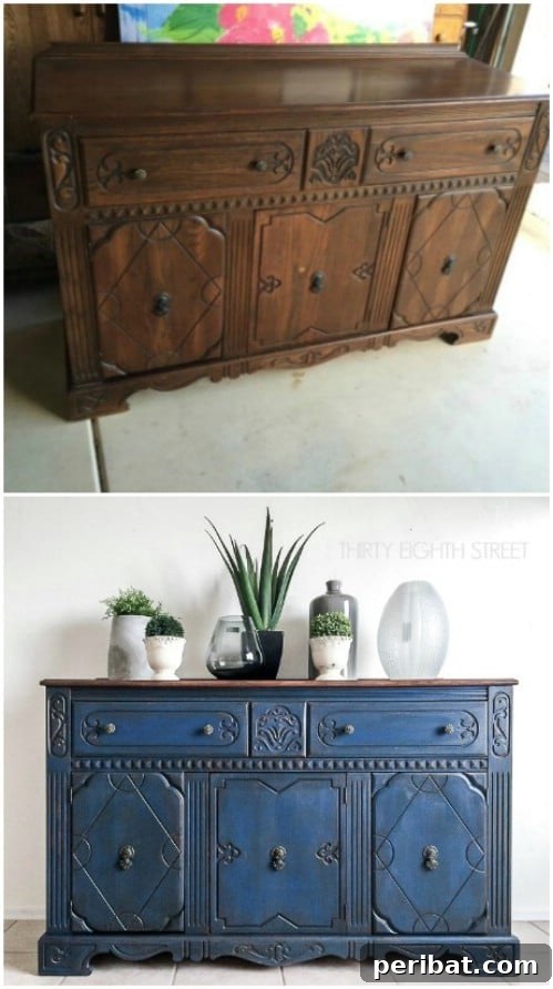 Elegant blue painted buffet furniture piece, adding a sophisticated touch to dining or living areas.