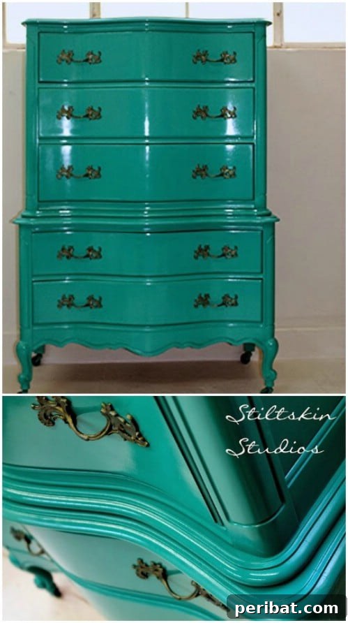 Smooth teal finish achieved with spray paint on furniture, demonstrating an alternative painting technique.