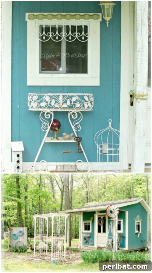 Adorable teal garden shed with white trim, trellis, and windmill, showcasing exterior teal decor ideas.