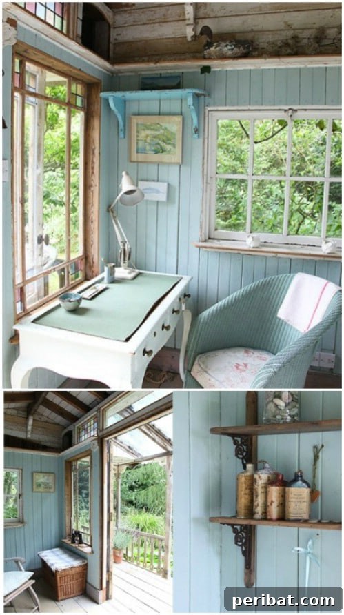 Gorgeous teal garden shed with coordinating interior and exterior paint, offering inspiring outdoor living space.