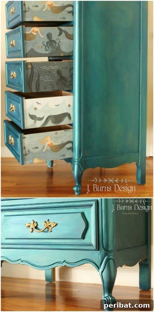 Sparkling mermaid-themed teal lingerie chest with artistic drawer interiors, demonstrating creative furniture design.