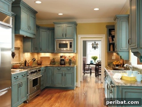 Teal kitchen cabinets creating a refreshing splash of color amidst warm wood and tile elements.