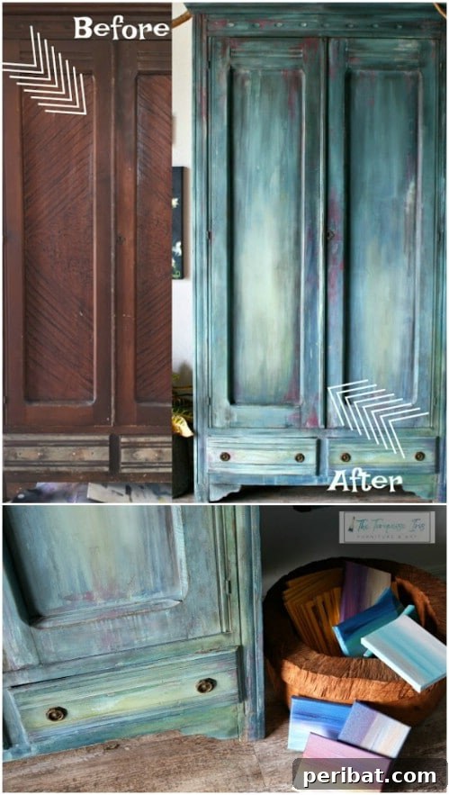Armoire with integrated lighter and darker blues and hints of magenta, showcasing textured paint finish from The Turquoise Iris.