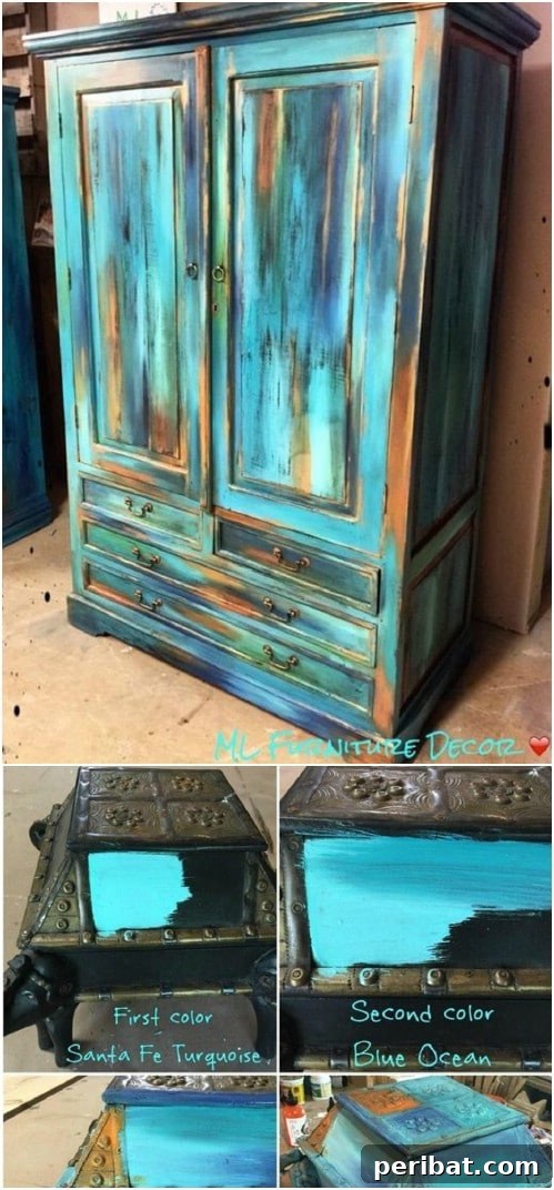 Furniture finished with the Bermuda blending technique, combining teal with coppery orange for an aged metallic patina.