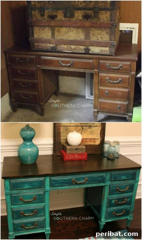 Teal distressed desk with metallic drawer handles, demonstrating how teal contrasts beautifully with metals.